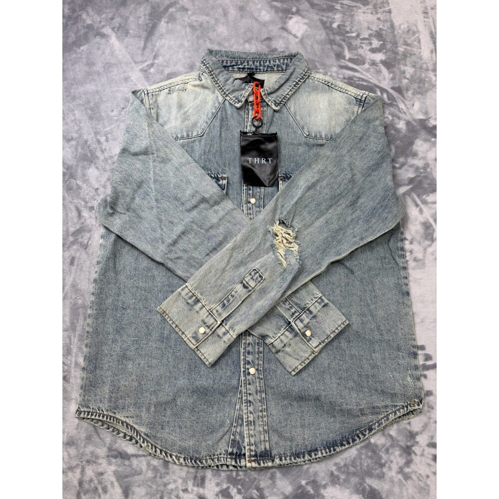 THRT Button Up Strauss Denim Jacket Size Large Distressed Pearl Buttoned NWOT
